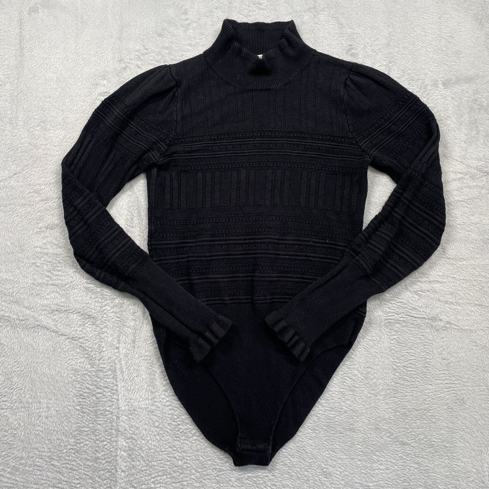 Free People Bodysuit Womens XS Black Mock Neck Pointelle Ruffle Cuff Puff Sleeve